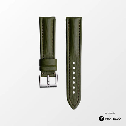 Green watch strap with silver buckle on a white background, branded 'Fratello'.