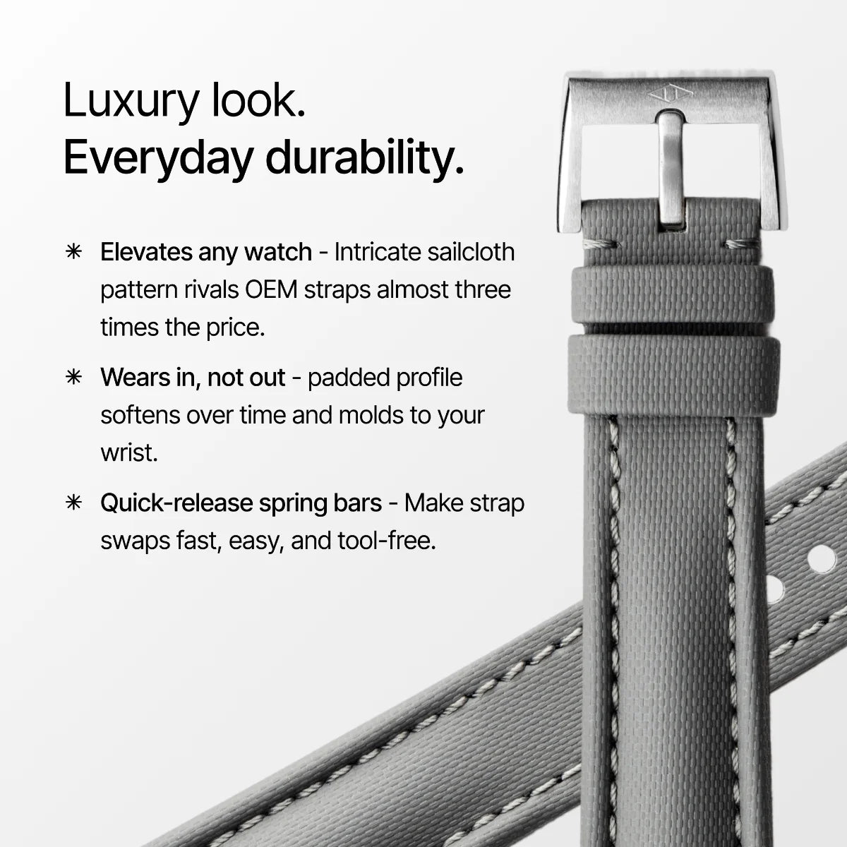 Gray watch strap with text highlighting features on a white background