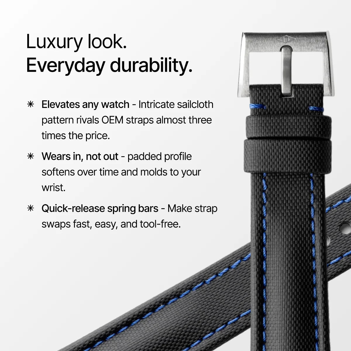 Black watch strap with blue stitching on a white background, featuring text about its features.