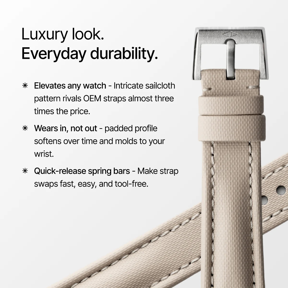Beige watch strap with text highlighting features on a white background