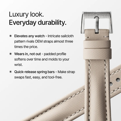 Beige watch strap with text highlighting features on a white background