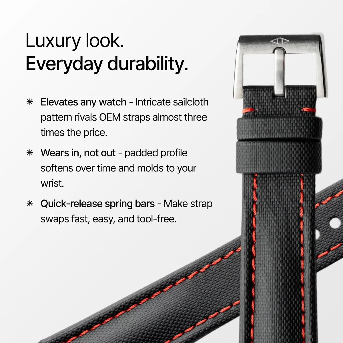 Black watch strap with red stitching on a white background, featuring text about its features.