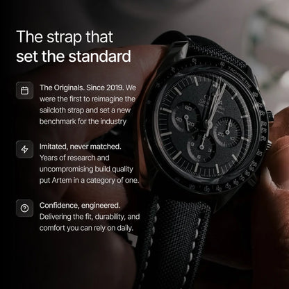 Watch with sailcloth strap held by a hand, text about product features.