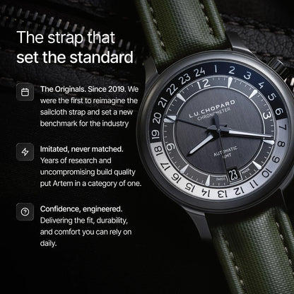Watch with green strap and black dial on a dark background