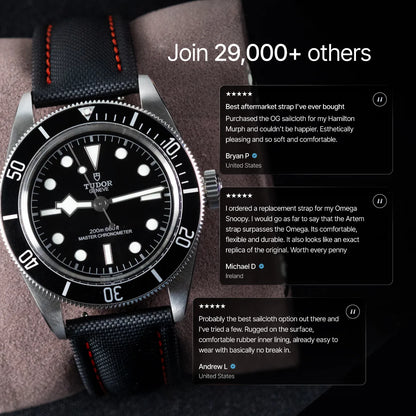Black Tudor watch with customer reviews displayed on a dark background