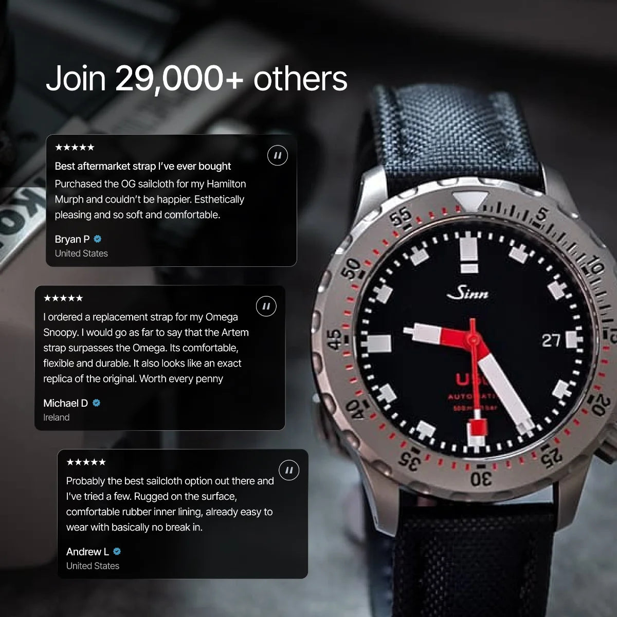 Sinn watch with customer reviews displayed on a dark background
