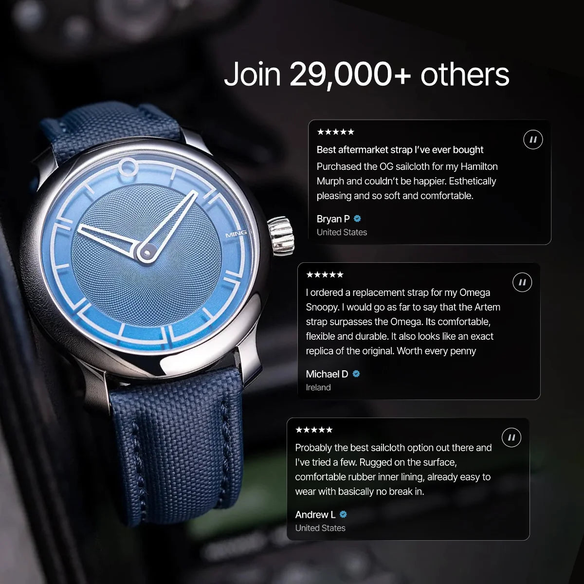 Blue watch with text overlay on a dark background