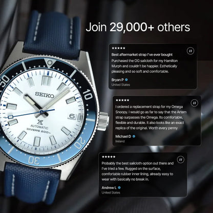Seiko watch with blue strap and white face, displayed with customer reviews on a blurred background.