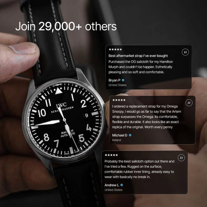 IWC watch with customer reviews displayed on a blurred background