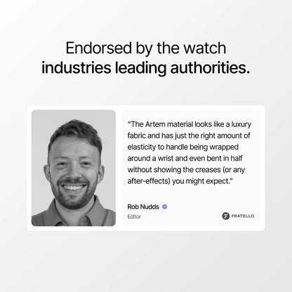 Man with a beard and smile, text about watch material, and Fratello logo.