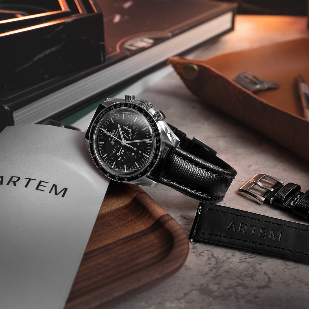 Classic | Black Sailcloth Watch Strap with White Stitching – Artem Straps