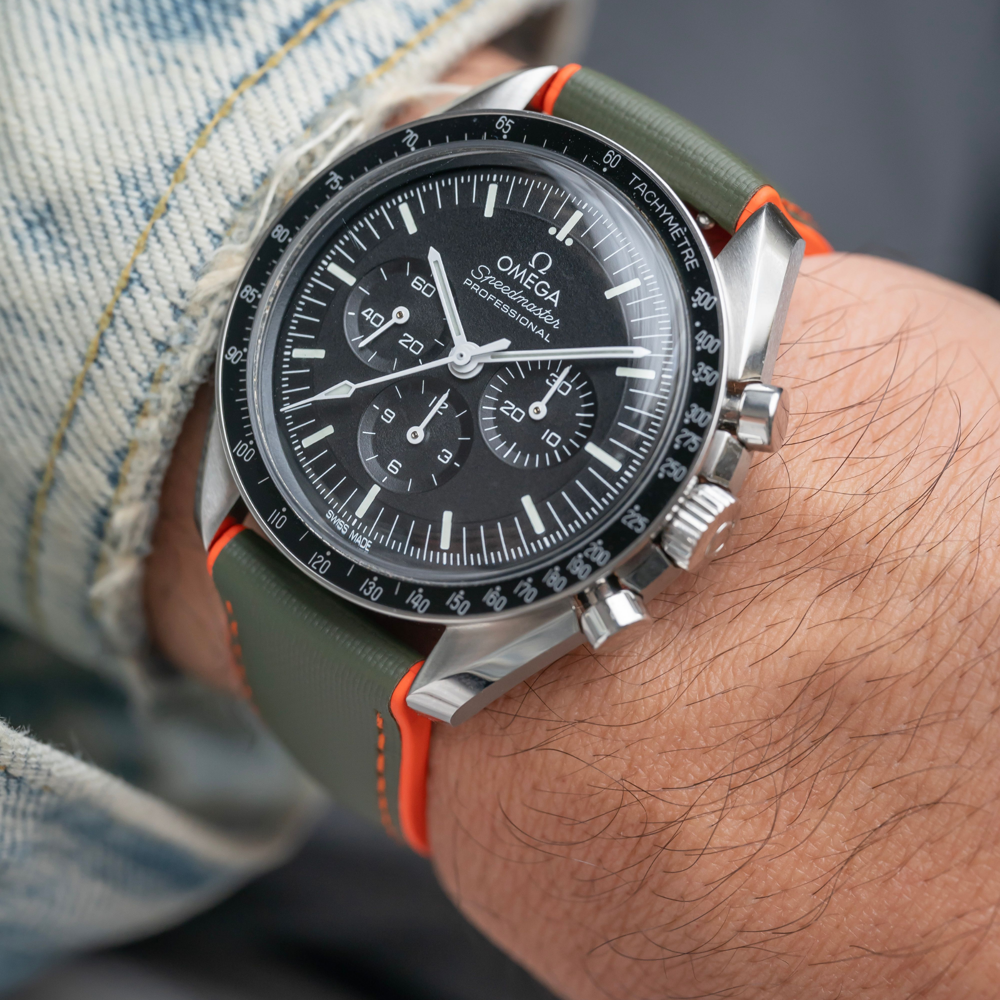 HydroFlex™ Khaki Green & Orange Hybrid FKM Watch Strap With Orange Stitching