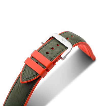 HydroFlex™ Khaki Green & Orange Hybrid FKM Watch Strap With Green Stitching