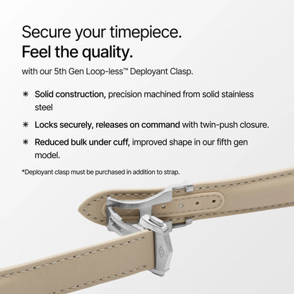 Beige watch strap with silver clasp on a white background, featuring text about the clasp's features.