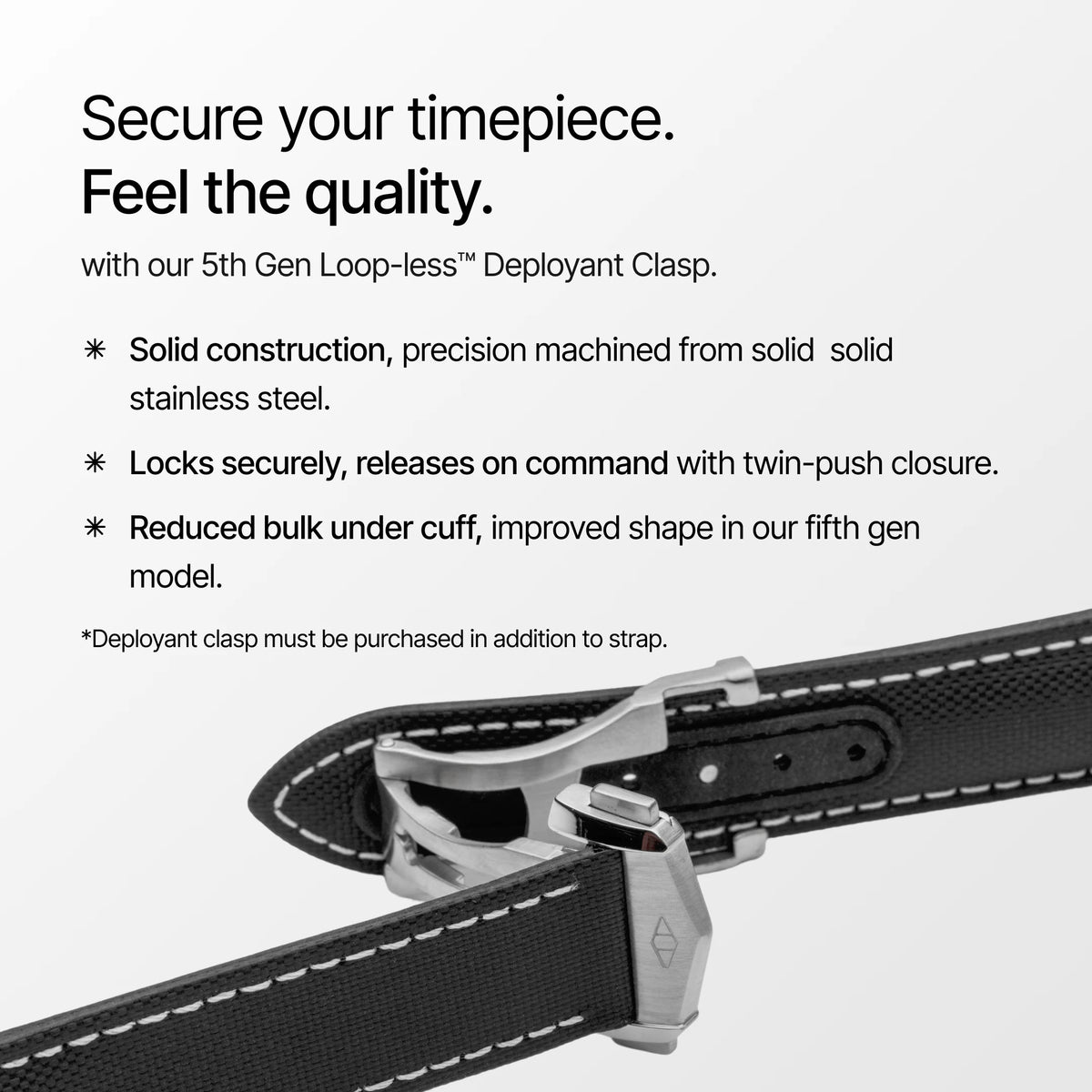 5th Gen Loop-less Deployant Clasp with text on solid construction and features