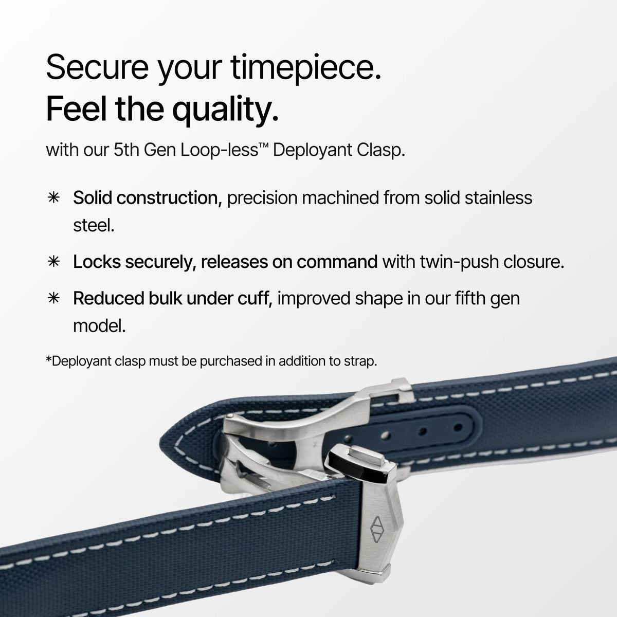 Wristwatch strap with deployant clasp on a white background, featuring text about product features.