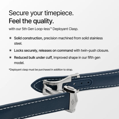 Wristwatch strap with deployant clasp on a white background, featuring text about product features.