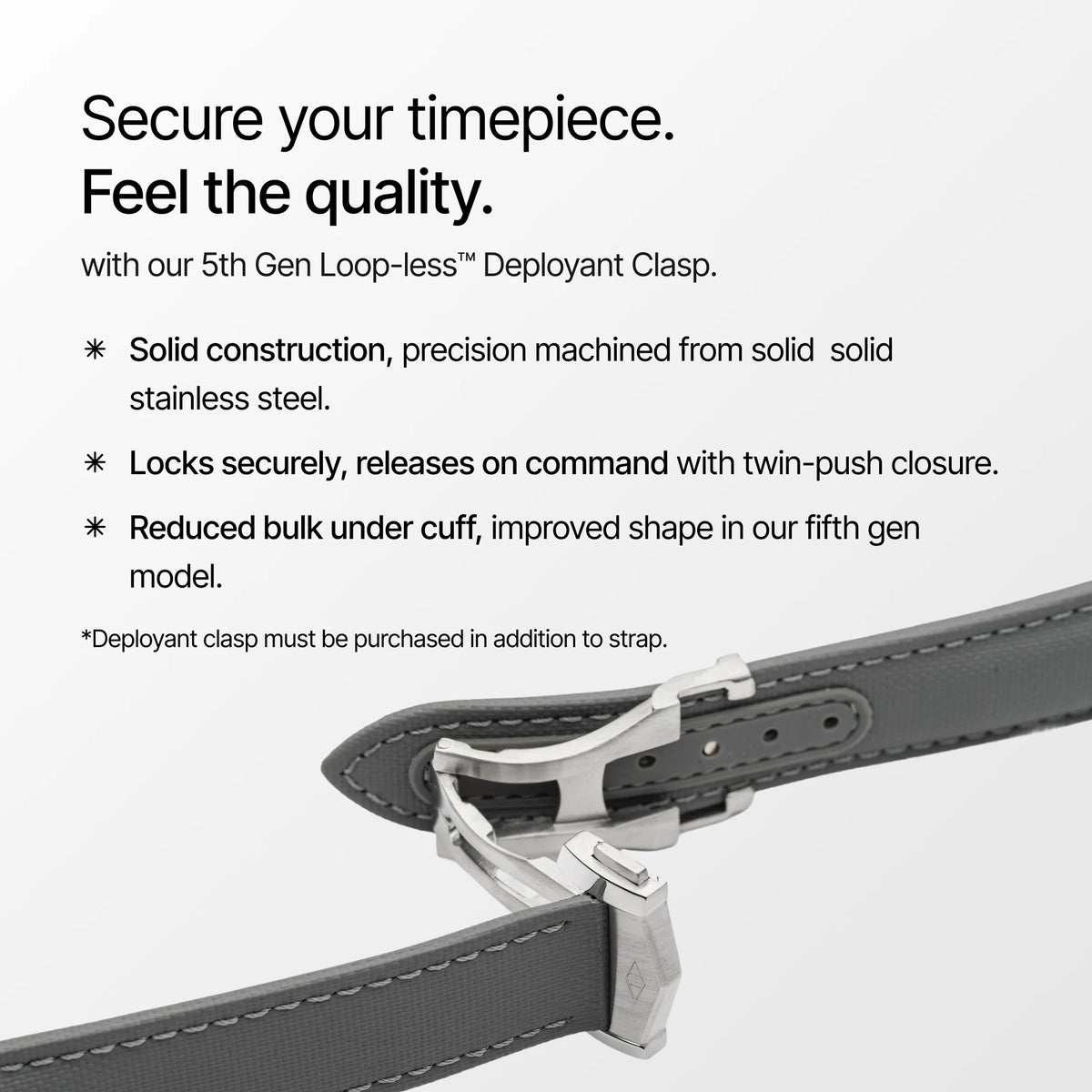 Gray watch strap with a deployant clasp on a white background, featuring text about the clasp's features.