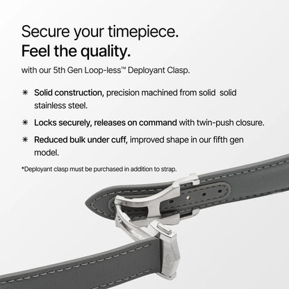 Gray watch strap with a deployant clasp on a white background, featuring text about the clasp's features.