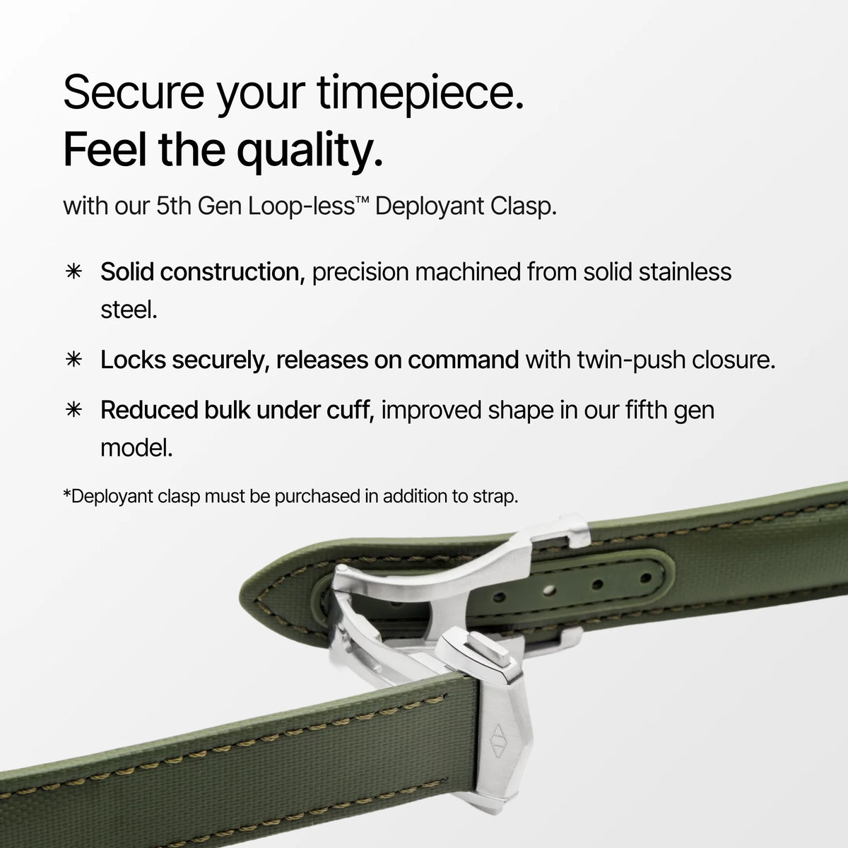 Green watch strap with silver deployant clasp on a white background, featuring text about the clasp's features.
