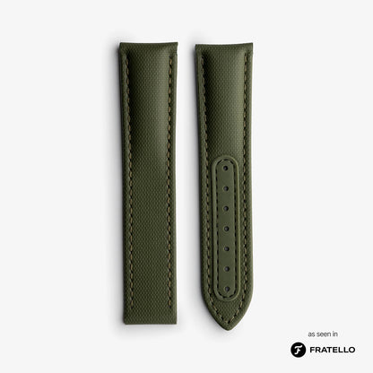 Green leather watch strap on a light gray background with 'Fratello' branding.
