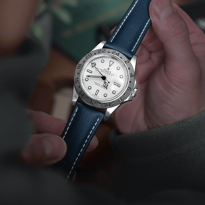 Loop-Less™ Navy Blue Sailcloth Watch Strap with White Stitching