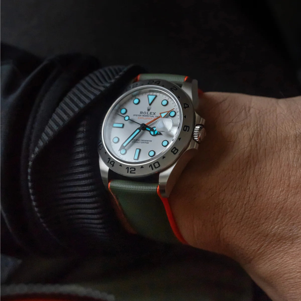 HydroFlex™ Khaki Green & Orange Hybrid FKM Watch Strap With Green Stitching
