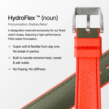 HydroFlex™ Khaki Green & Orange Hybrid FKM Watch Strap With Green Stitching