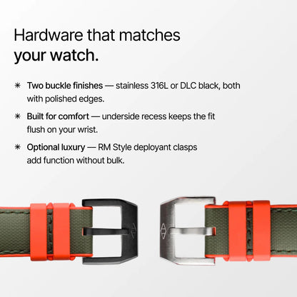 HydroFlex™ Khaki Green & Orange Hybrid FKM Watch Strap With Green Stitching