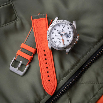 HydroFlex™ Khaki Green & Orange Hybrid FKM Watch Strap With Green Stitching