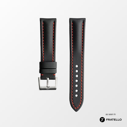 Black watch strap with red stitching on a white background, branded 'Fratello'.