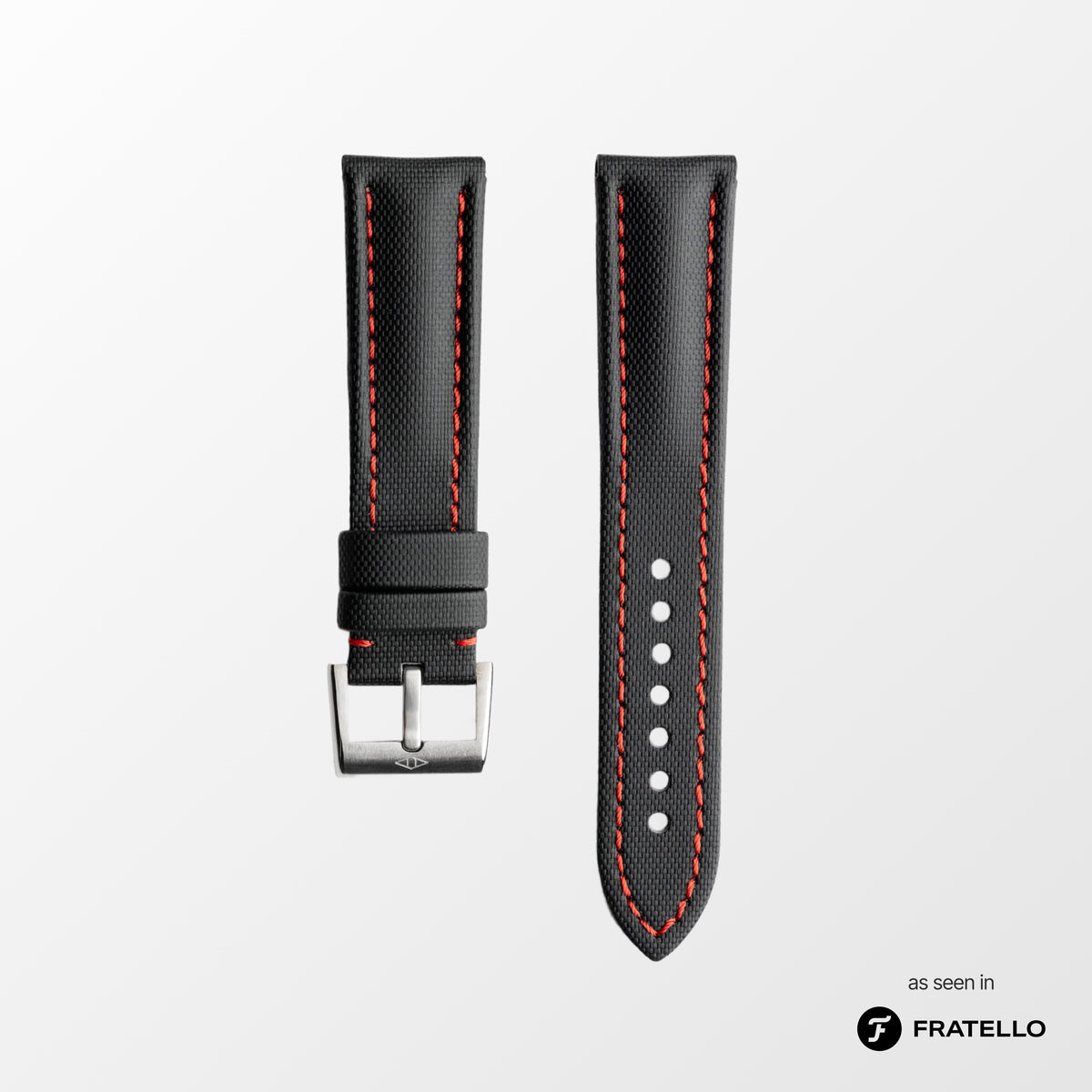 Black watch strap with red stitching on a white background, branded 'Fratello'.
