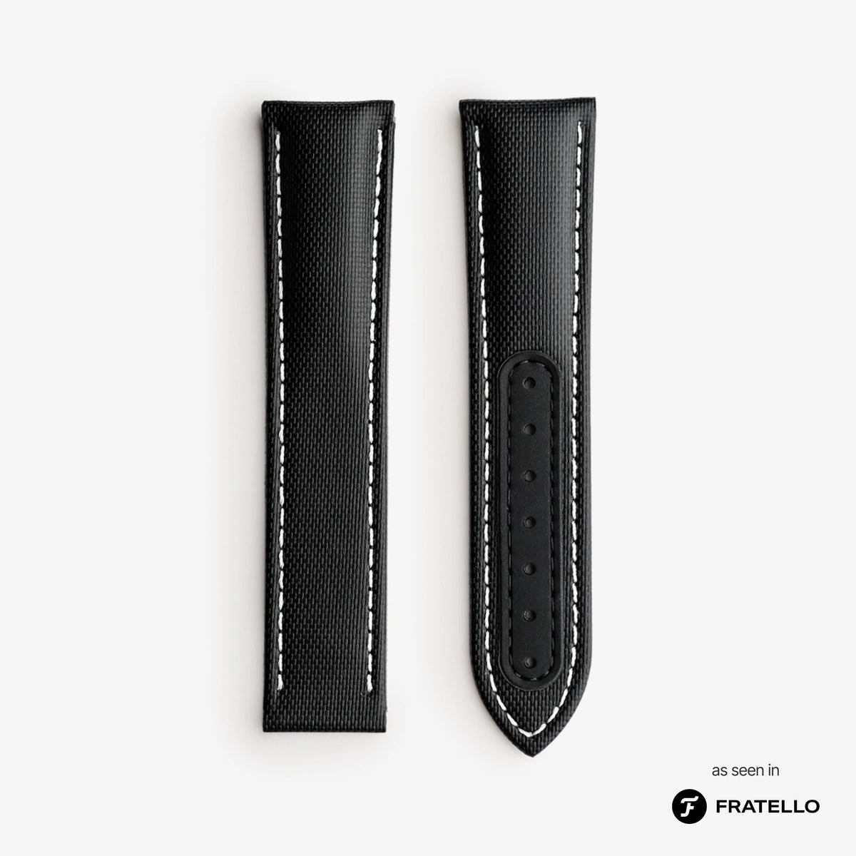 Black leather watch strap with white stitching on a light gray background, featuring the Fratello brand.