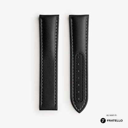 Black leather watch strap on a white background with 'Fratello' branding.