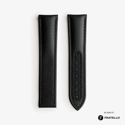 Black leather watch strap on a white background with 'Fratello' branding.