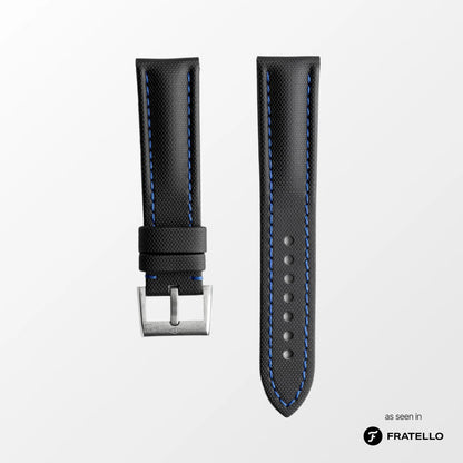 Black watch strap with blue stitching on a white background, branded 'Fratello'