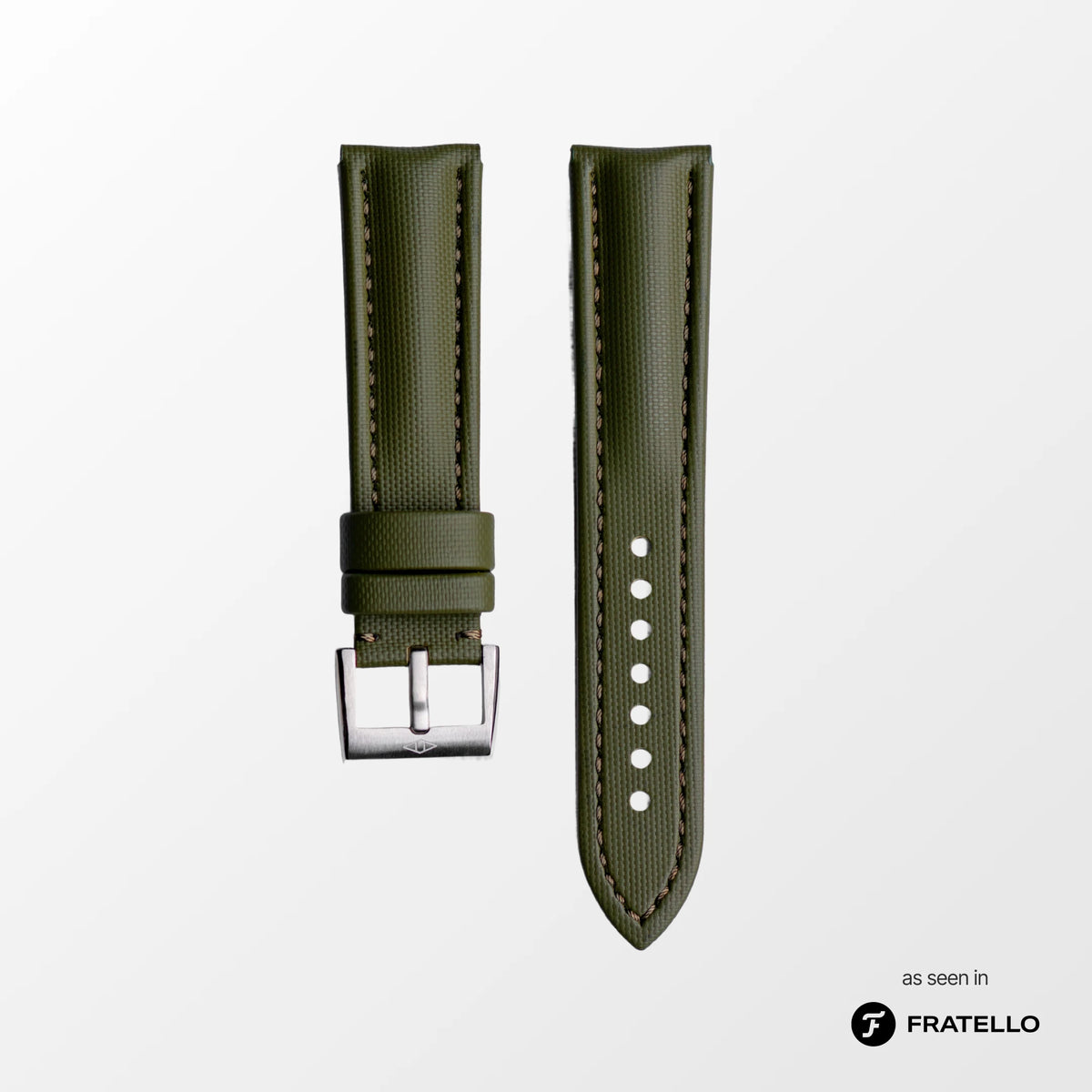 Green watch strap with silver buckle on a white background, branded 'Fratello'.