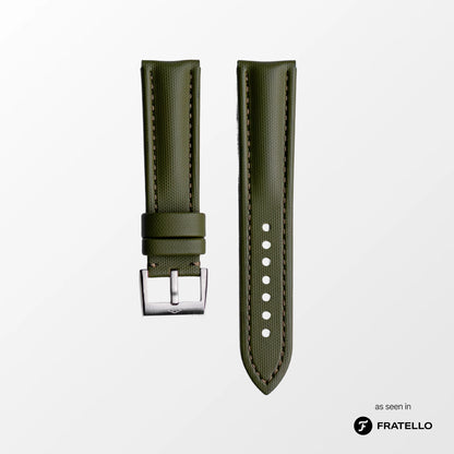 Green watch strap with silver buckle on a white background, branded 'Fratello'.