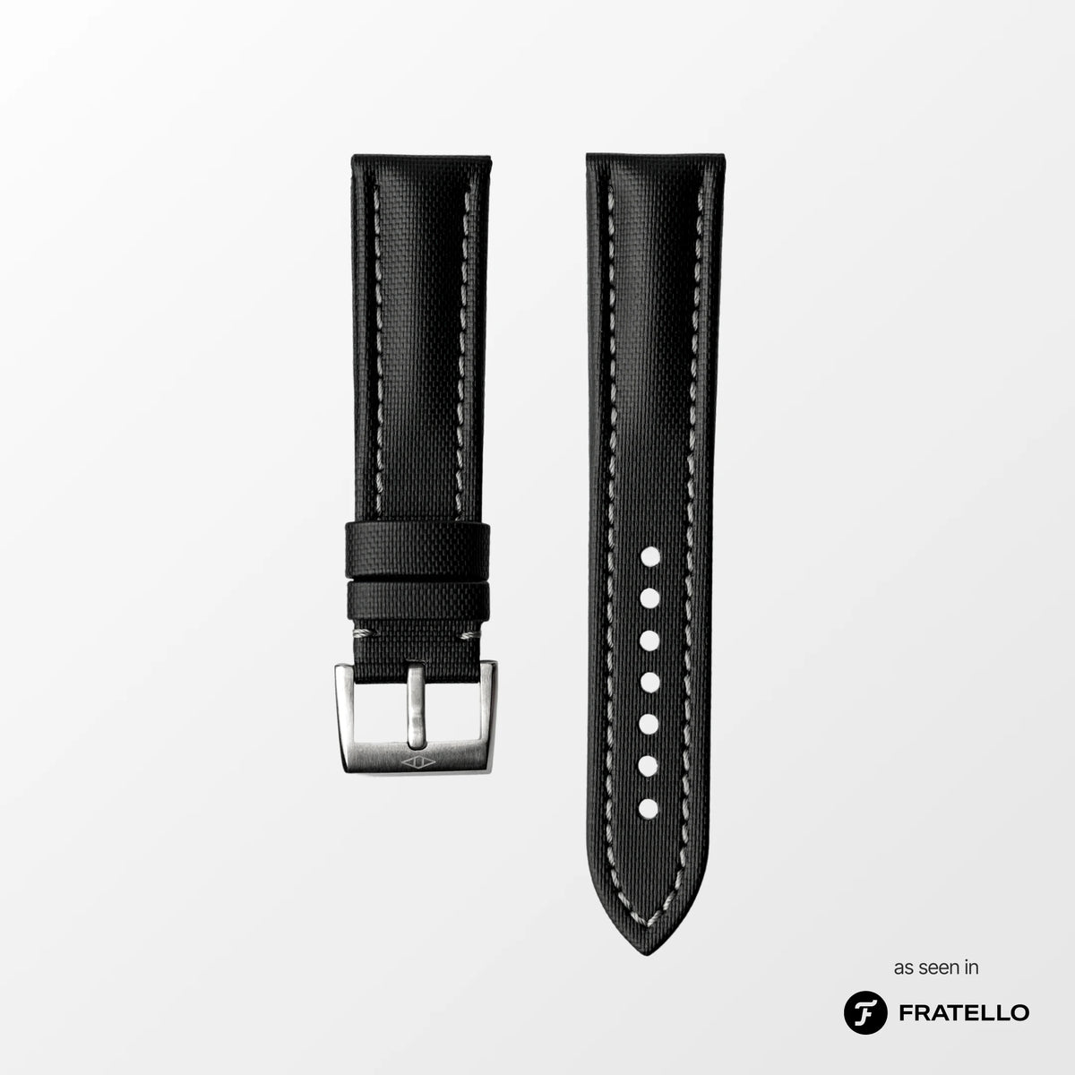 Black watch strap with silver buckle on a light gray background, branded 'Fratello'.