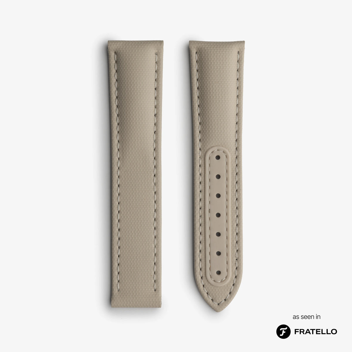 Beige watch strap on a white background with Fratello branding.