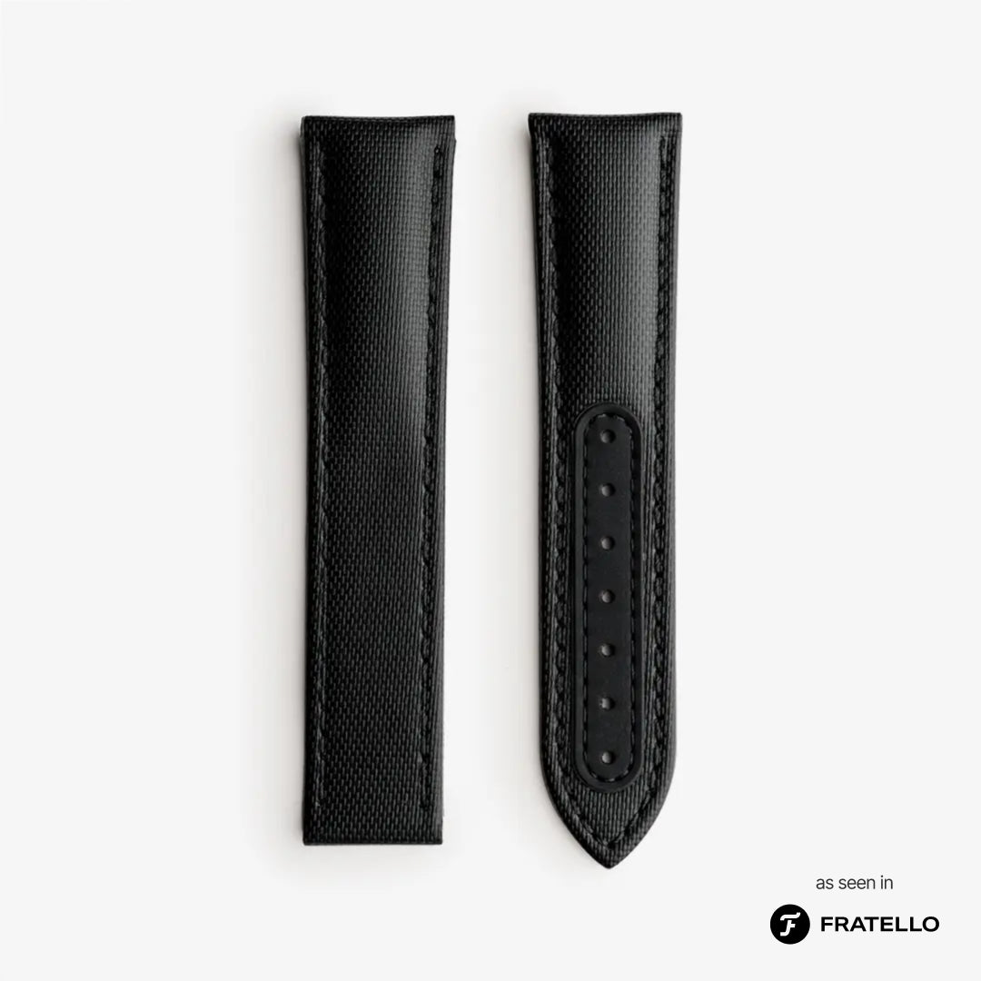 Black leather watch strap on a white background with 'Fratello' branding.