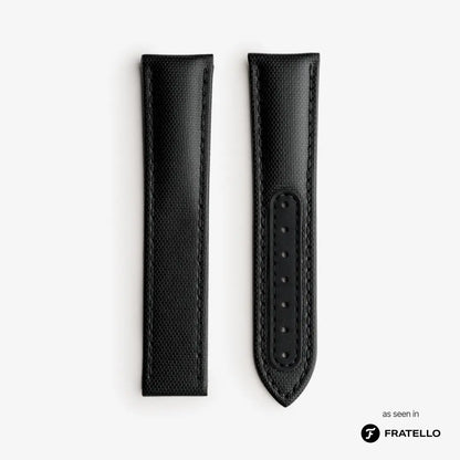Black leather watch strap on a white background with 'Fratello' branding.