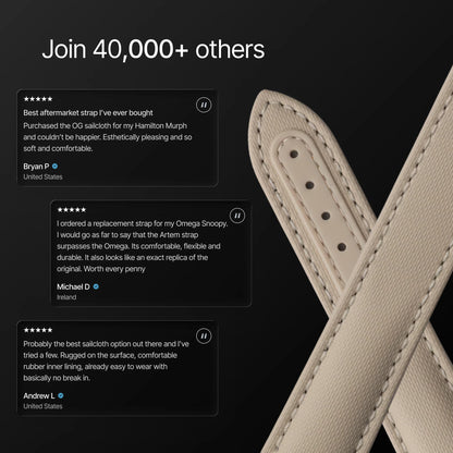 Leather strap with customer reviews on a black background