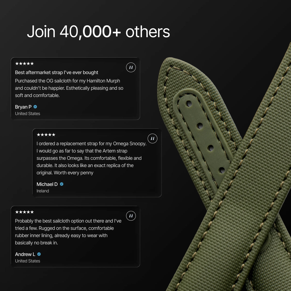 Green leather strap with customer reviews on a black background