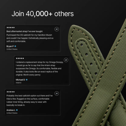 Green leather strap with customer reviews on a black background