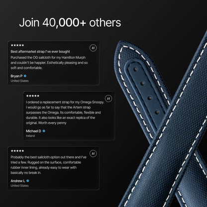 Close-up of a blue leather strap with white stitching on a black background, featuring customer reviews.