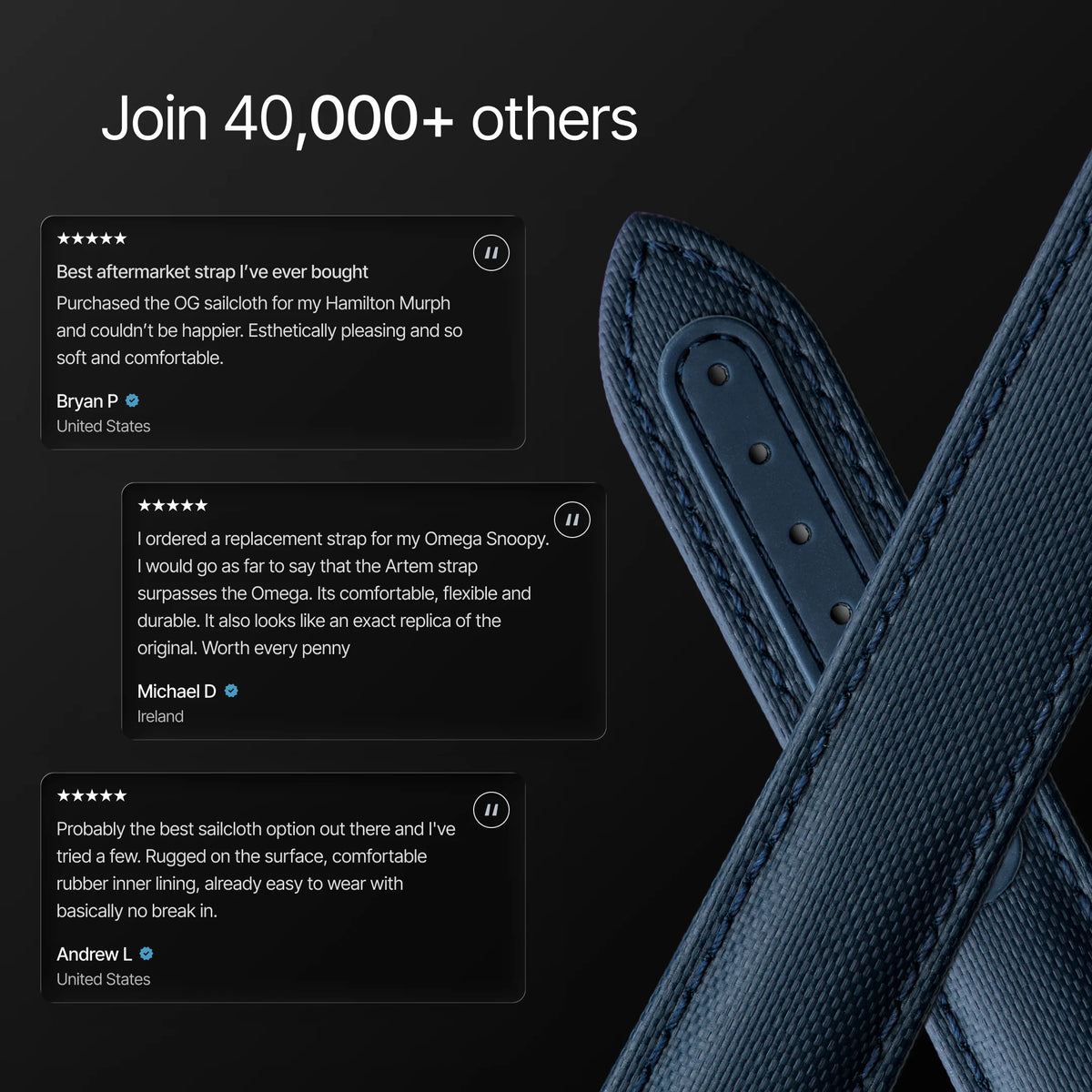 Text reviews of a leather strap with a dark background