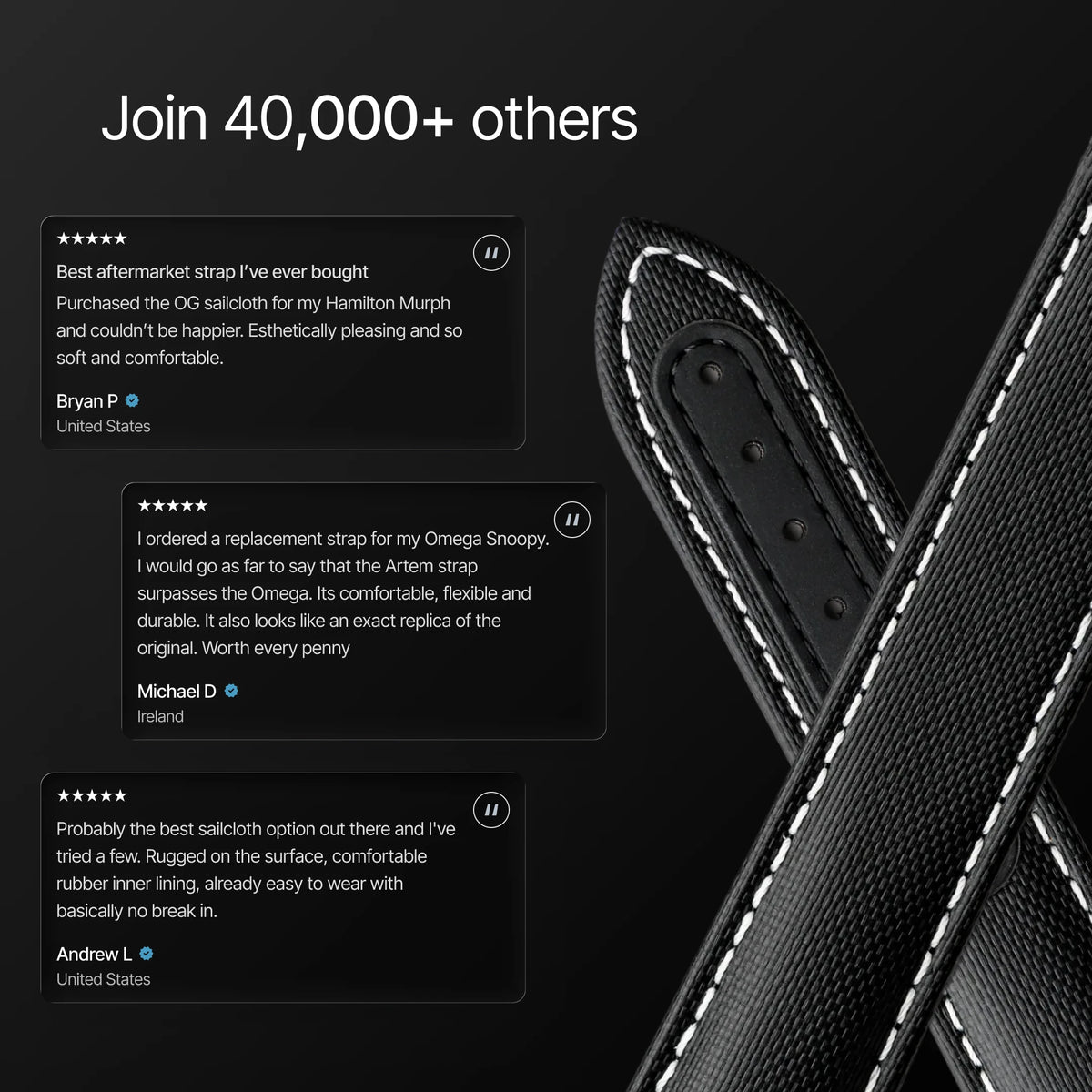 Black leather strap with white stitching on a dark background, featuring customer reviews.