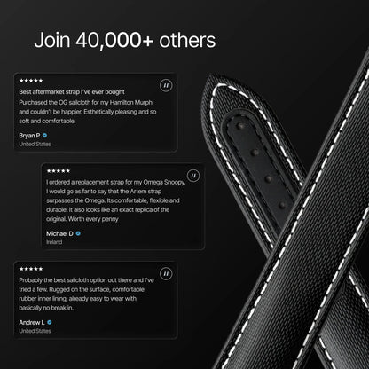 Black leather strap with white stitching on a dark background, featuring customer reviews.