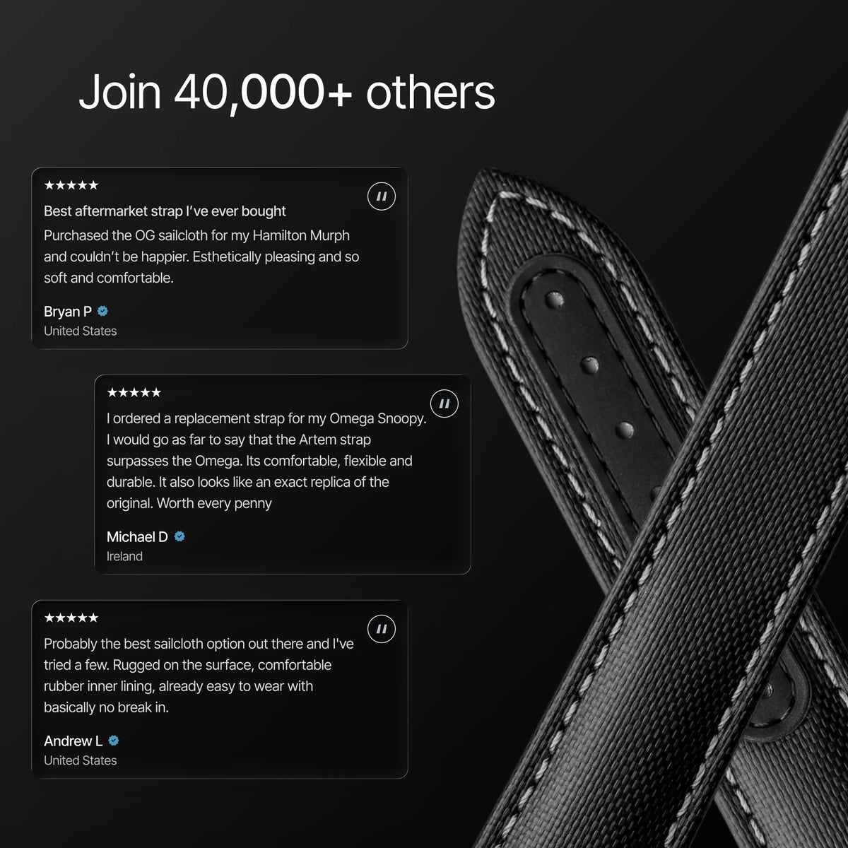Black leather strap with customer reviews on a dark background